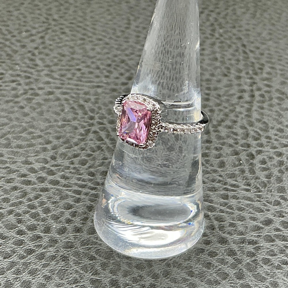 Pink Halo Engagement Ring Silver Tone Cushion Cut Simulated Stone Size 6 Bridal